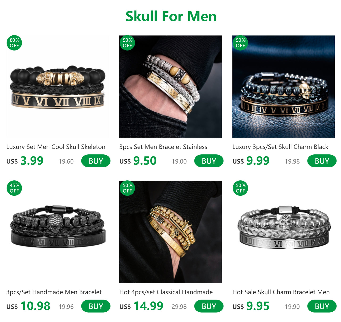 Luxury 3pcs/Set Skull Charm Black Bracelet Stainless Steel Men Enamel Roman Number Bangles Europe Fashion Couple Jewelry