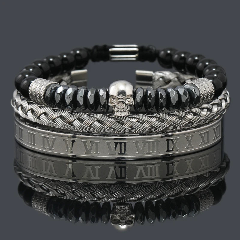 Black Stone Hematite Beads Men Skull Crown Leopard Head Handmade Bracelets Enamel Roman Bangles Hiphop Pulseras Jewelry
