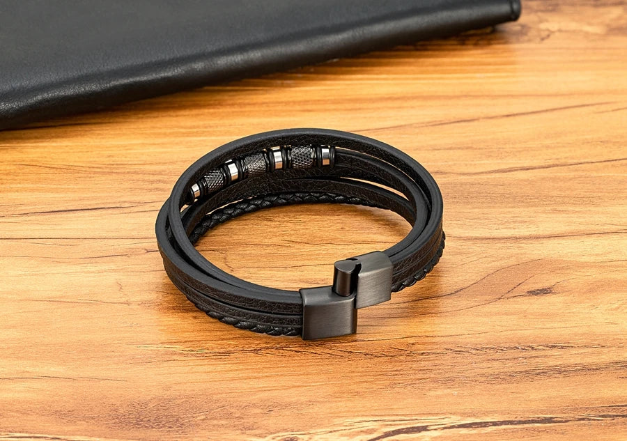 XQNI Fashion Handmade Multi-Layer Leather Bracelets for Men Women Wristband Stainless Steel Button Bangle Accessories Jewelry