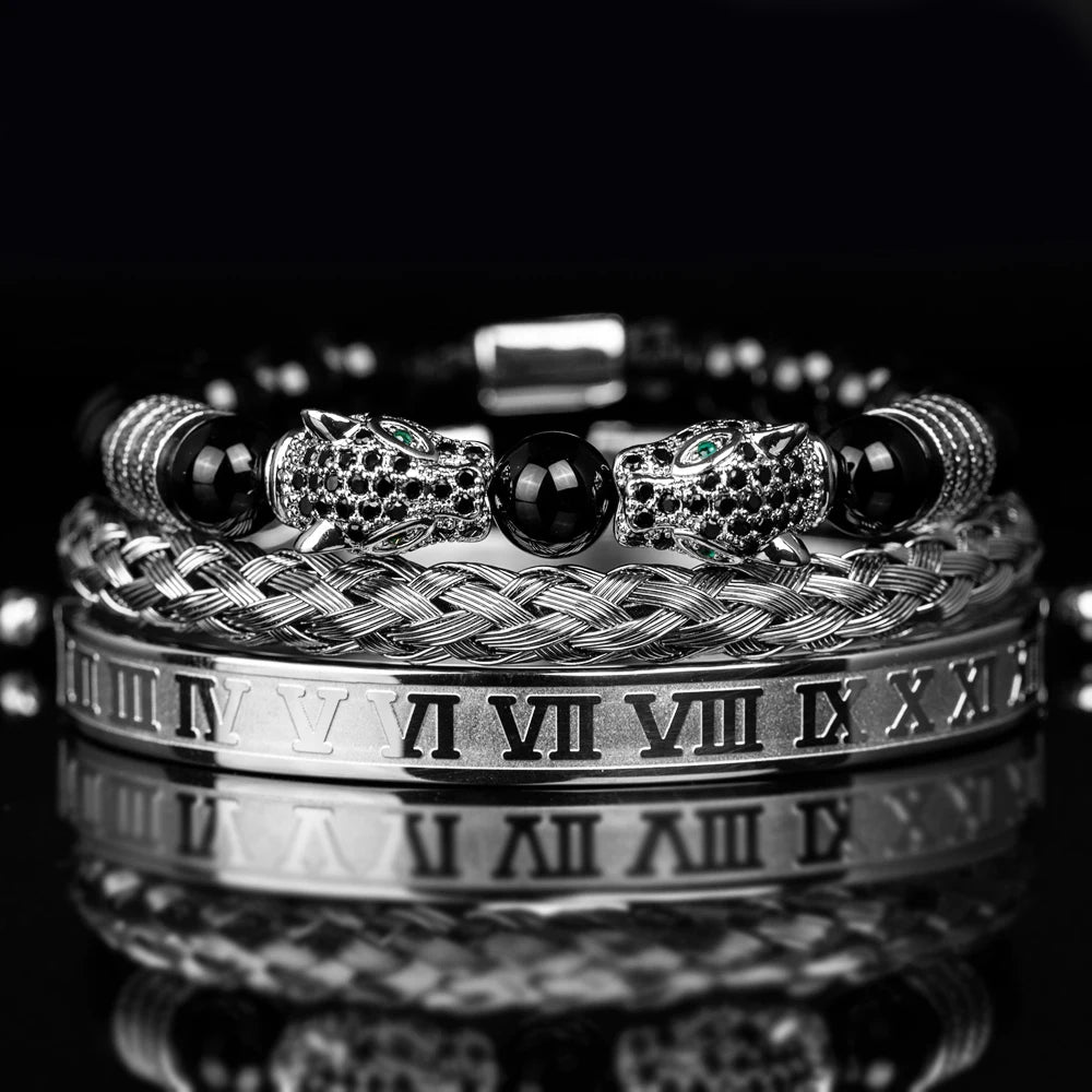 3PCS Mens Premium Black Agate Beaded Bracelet Set - Double Leopard Head, Roman Numerals, Adjustable Braided Design Bracelets