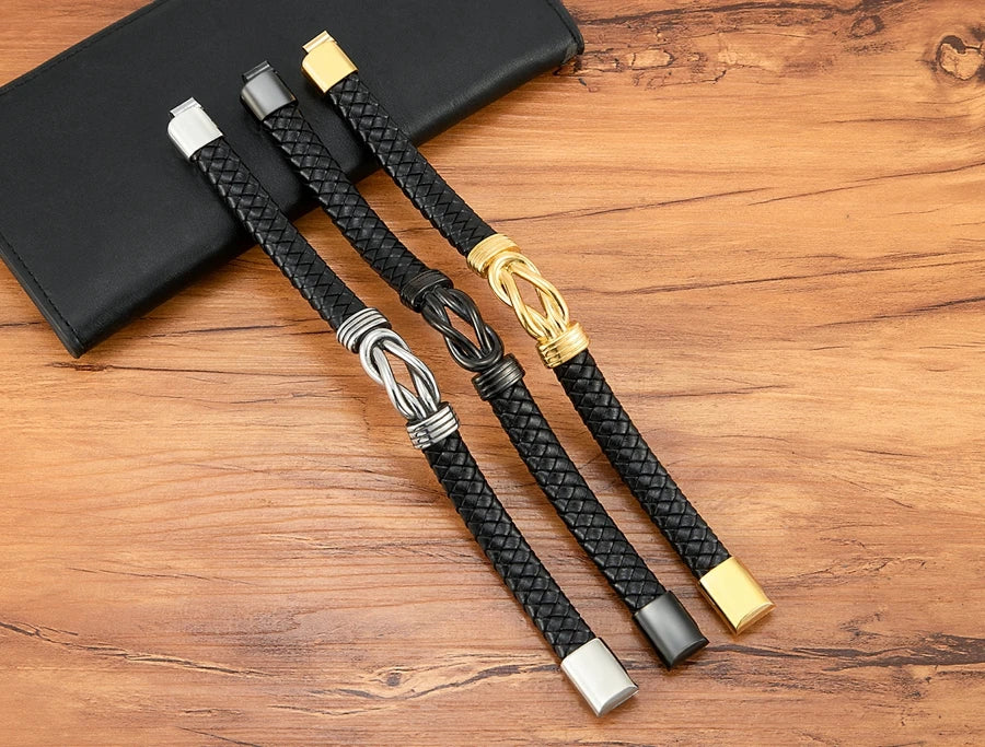XQNI Classic Irregular Leather Bracelet for Men Stainless Steel Magnetic Clasp Charm Punk Style Male Bangle Jewelry Gifts