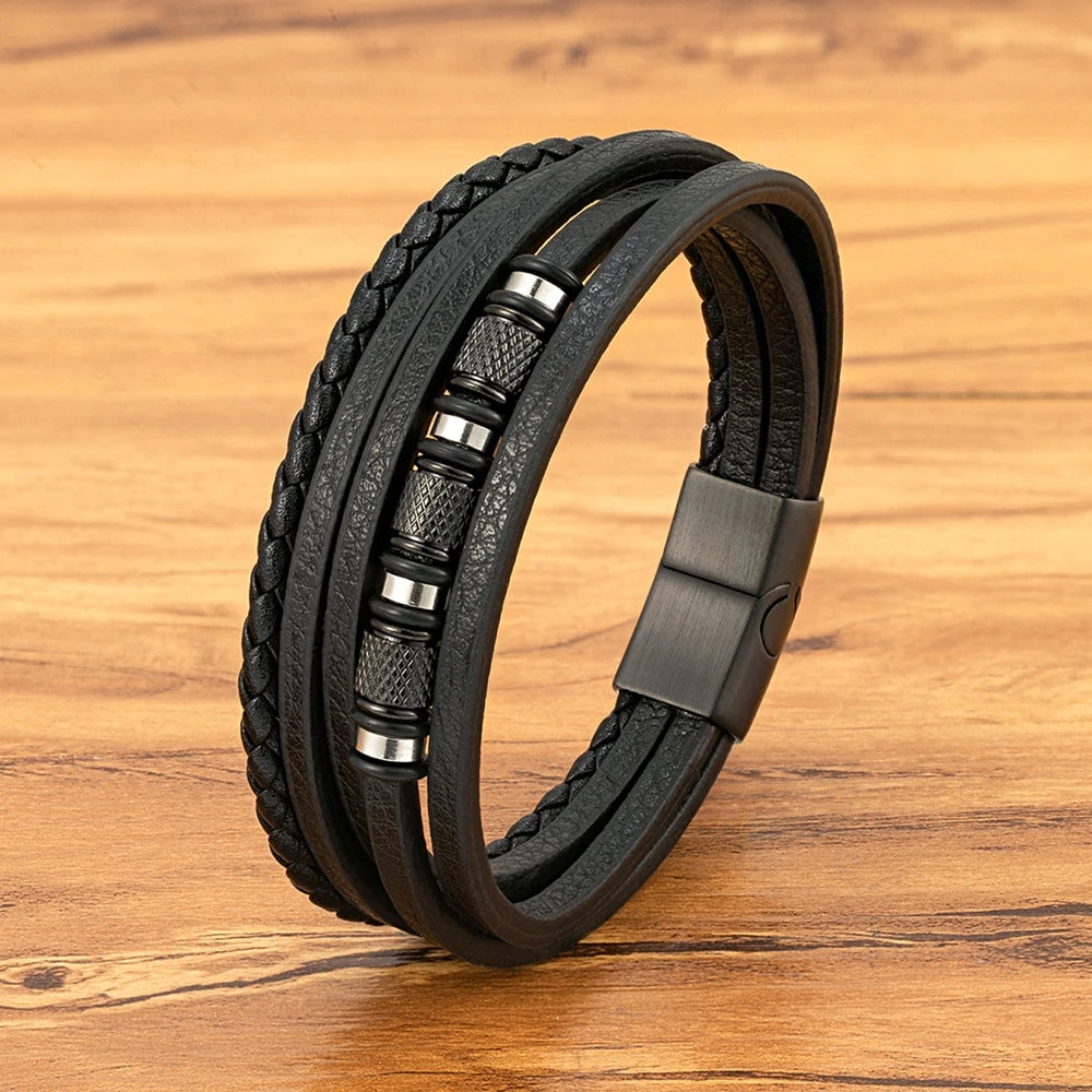 XQNI Fashion Handmade Multi-Layer Leather Bracelets for Men Women Wristband Stainless Steel Button Bangle Accessories Jewelry