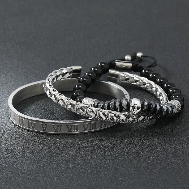 Black Stone Hematite Beads Men Skull Crown Leopard Head Handmade Bracelets Enamel Roman Bangles Hiphop Pulseras Jewelry