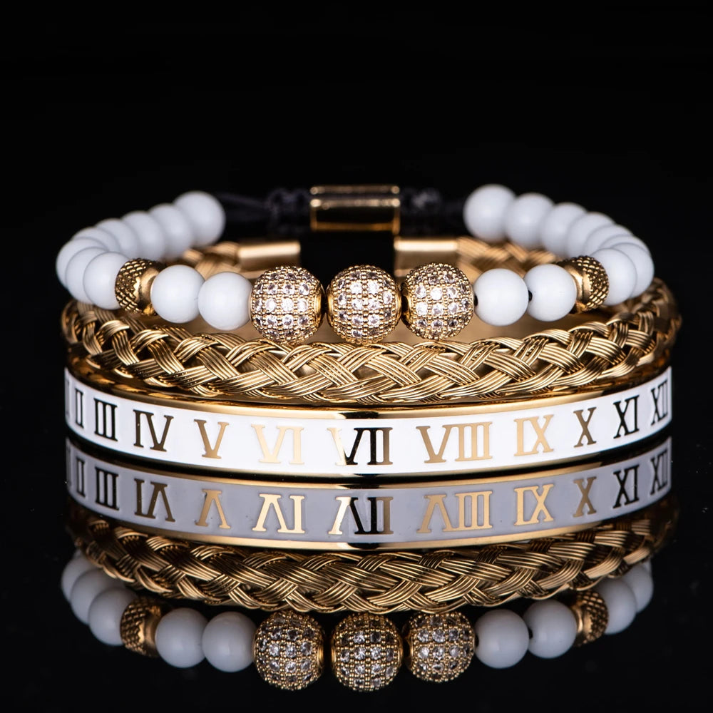 Luxury Set Crown Charm Gold Color Skull Bracelet Stainless Steel Men Black Enamel Roman Number Bangles Europe Couple Jewelry
