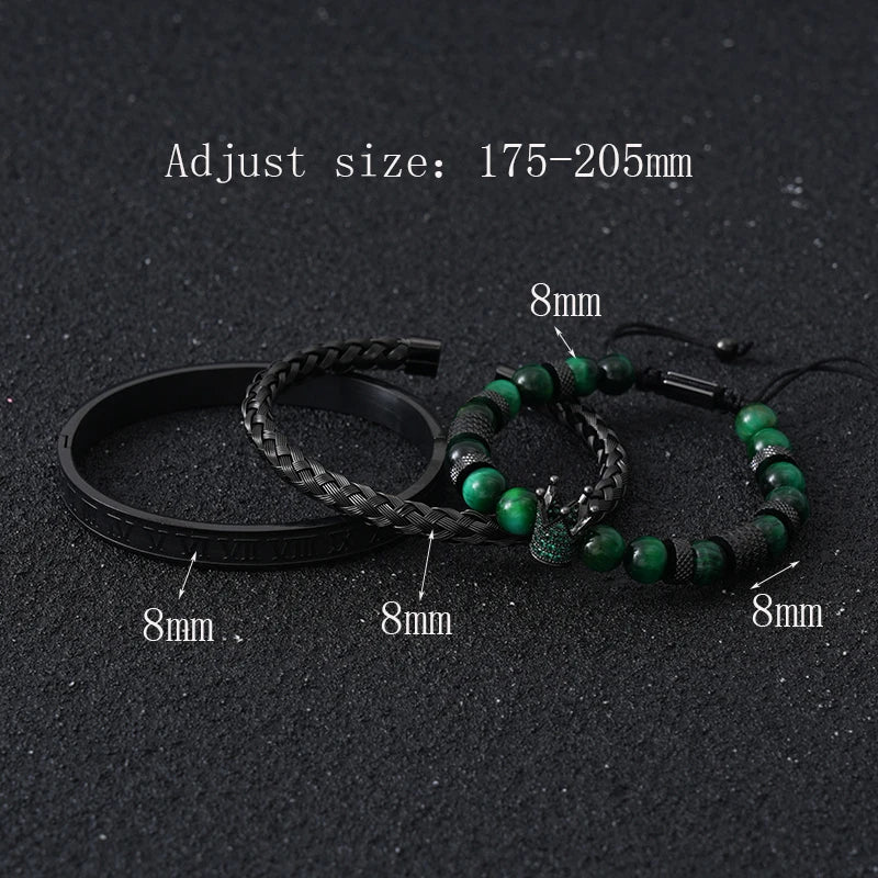 Luxury Set Tiger Stone Beads Crown Charms Man Bracelet Black Roman Stainless Steel Bangles Women Jewelry All Hallows’ Day Gift