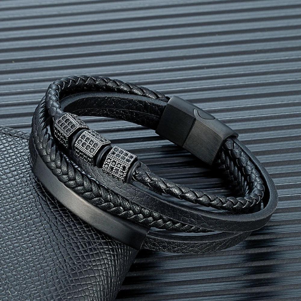 MKENDN Luxury Cubic Zircon Leather Braided Stainless Steel Magnetic Buckle Bracelet for Man Woman Daily Wear Jewelry Gift