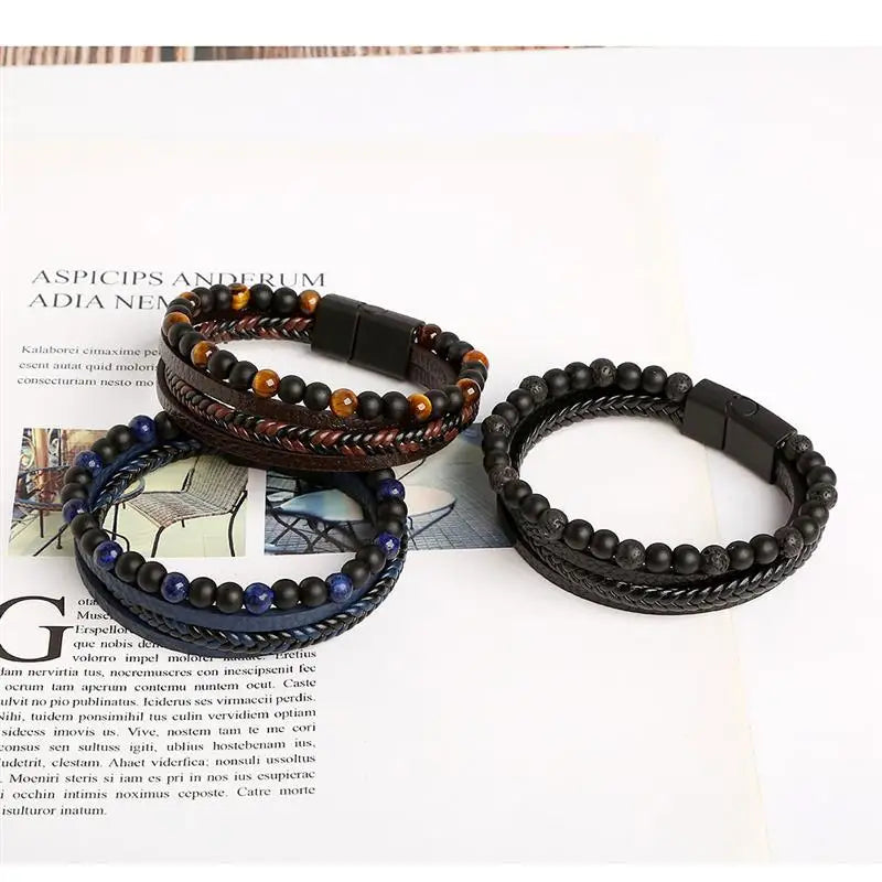 Jiayiqi New Design Punk Leather Bracelet Men Fashion Beaded Multi-Layer Leather Bracelet For Men New Year Jewelry Gift