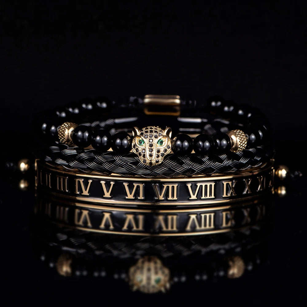 Luxury Set Crown Charm Gold Color Skull Bracelet Stainless Steel Men Black Enamel Roman Number Bangles Europe Couple Jewelry
