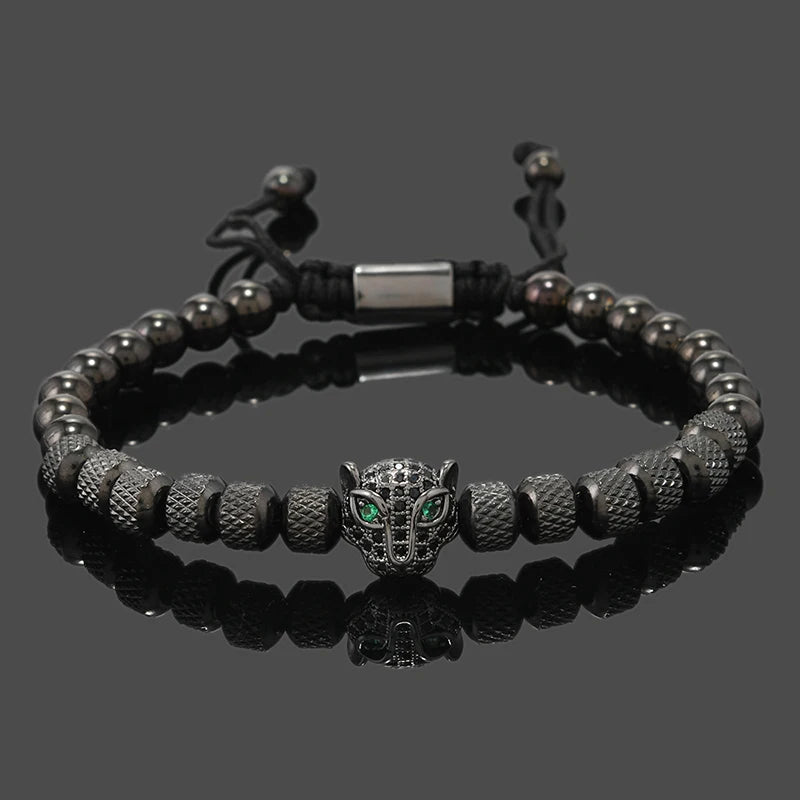 Luxury Royal Black Leopard Head Man Bracelet Stainless Steel Beads Hand Jewelry Big Boy Gift