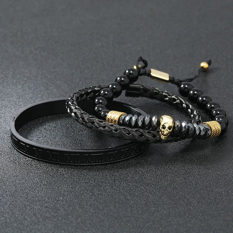 Black Stone Hematite Beads Men Skull Crown Leopard Head Handmade Bracelets Enamel Roman Bangles Hiphop Pulseras Jewelry