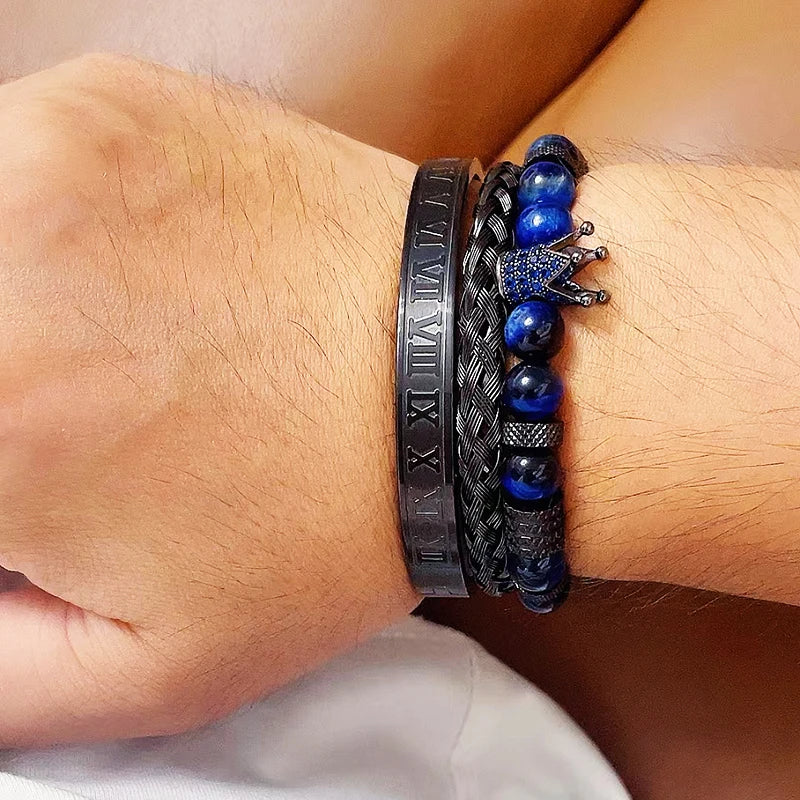 Luxury Set Tiger Stone Beads Crown Charms Man Bracelet Black Roman Stainless Steel Bangles Women Jewelry All Hallows’ Day Gift