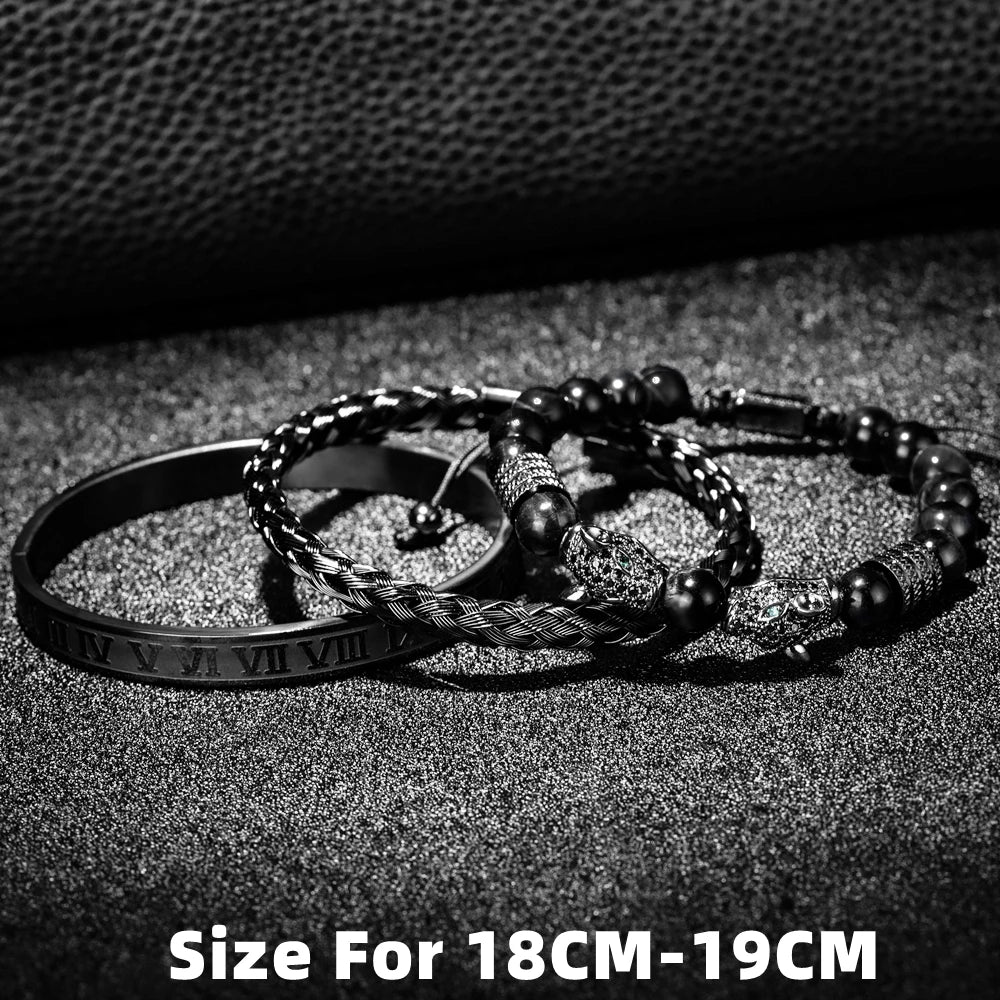 3PCS Mens Premium Black Agate Beaded Bracelet Set - Double Leopard Head, Roman Numerals, Adjustable Braided Design Bracelets