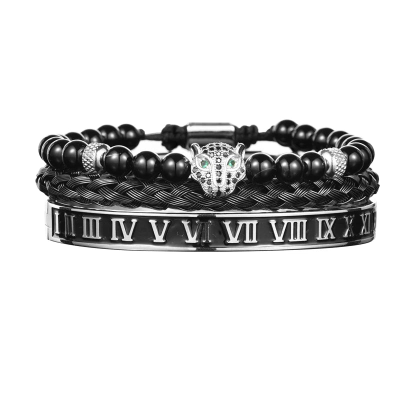 Luxury Set Crown Charm Gold Color Skull Bracelet Stainless Steel Men Black Enamel Roman Number Bangles Europe Couple Jewelry