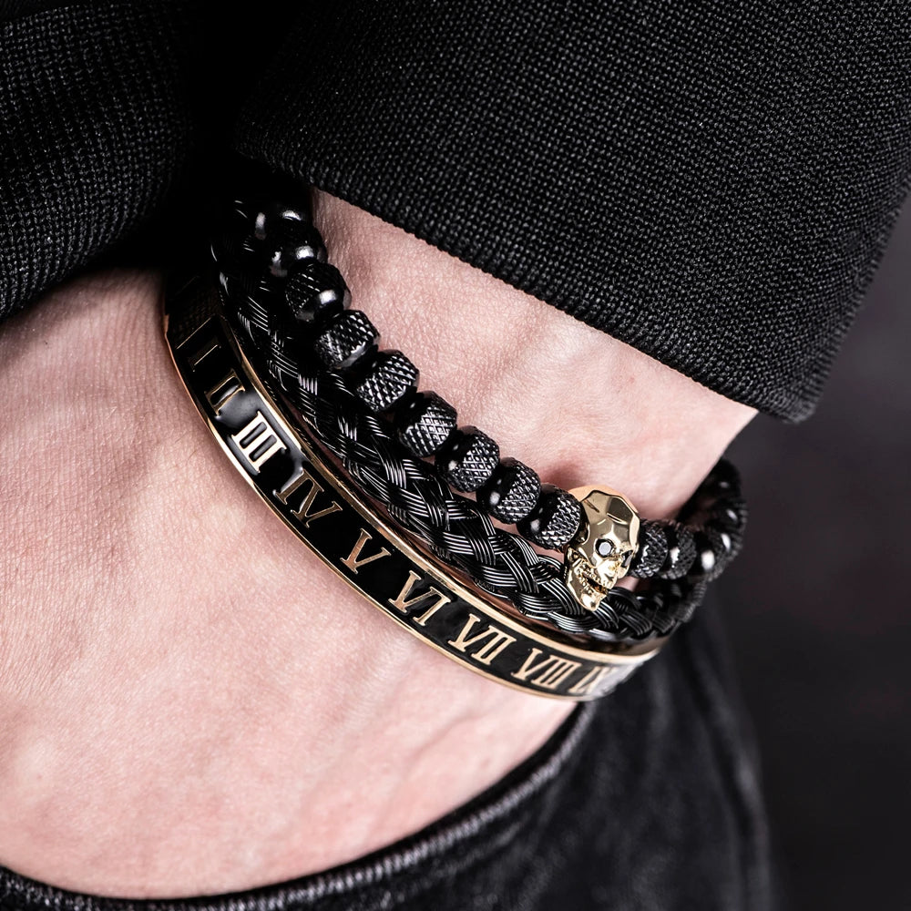 Luxury 3pcs/Set Skull Charm Black Bracelet Stainless Steel Men Enamel Roman Number Bangles Europe Fashion Couple Jewelry