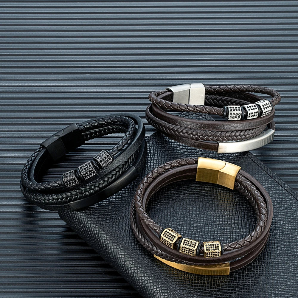 MKENDN Luxury Cubic Zircon Leather Braided Stainless Steel Magnetic Buckle Bracelet for Man Woman Daily Wear Jewelry Gift