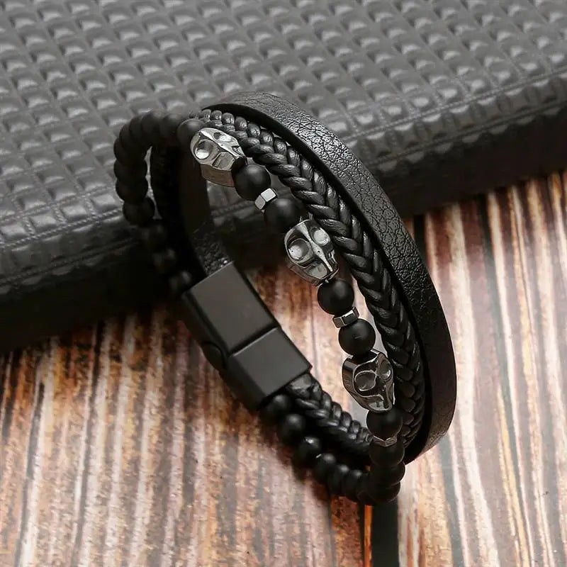 Jiayiqi New Design Punk Leather Bracelet Men Fashion Beaded Multi-Layer Leather Bracelet For Men New Year Jewelry Gift
