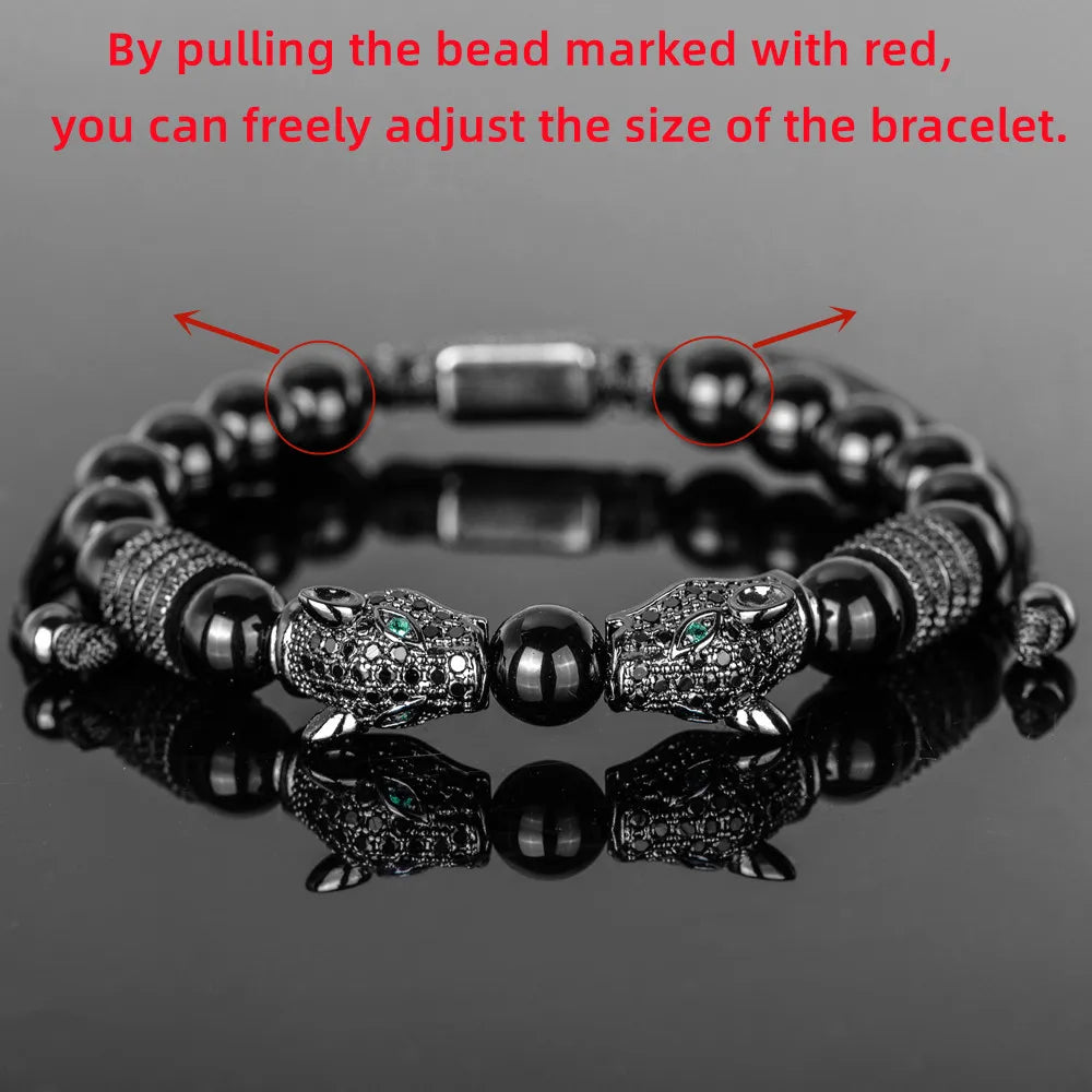 3PCS Mens Premium Black Agate Beaded Bracelet Set - Double Leopard Head, Roman Numerals, Adjustable Braided Design Bracelets