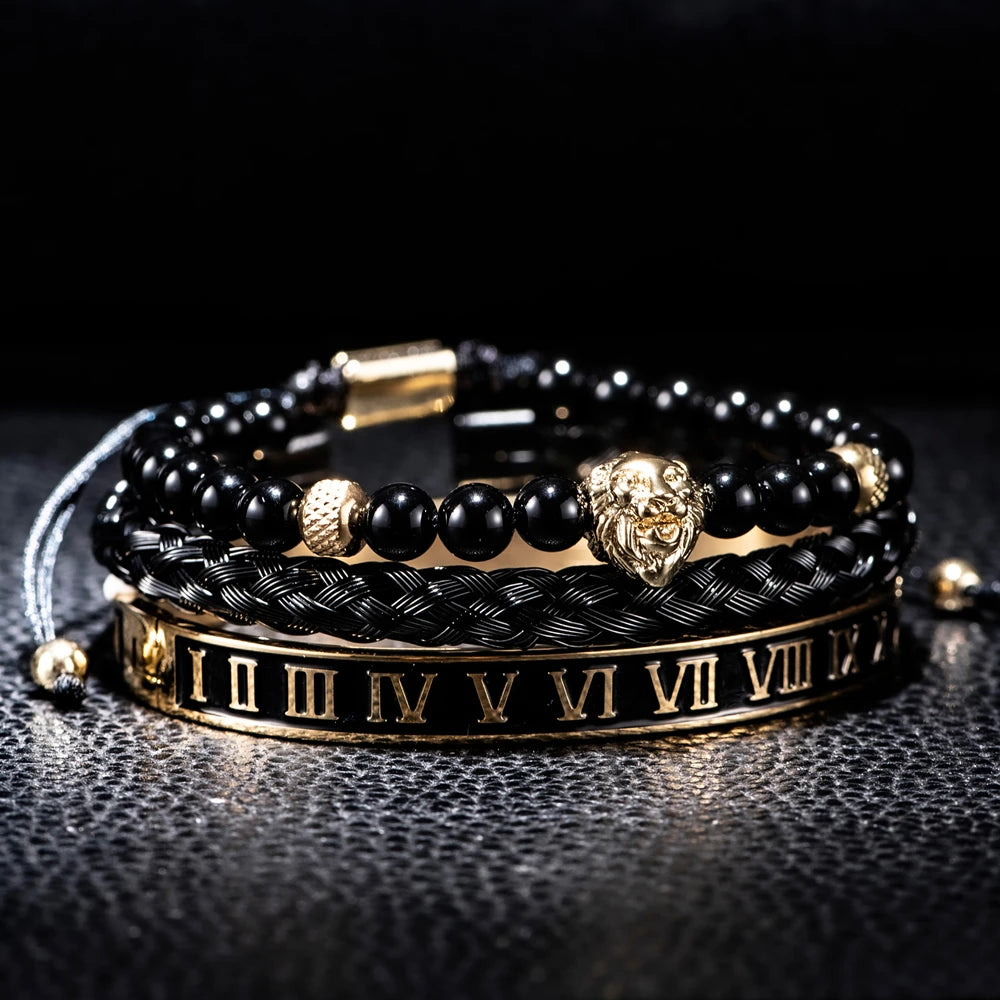 Luxury Set Crown Charm Gold Color Skull Bracelet Stainless Steel Men Black Enamel Roman Number Bangles Europe Couple Jewelry