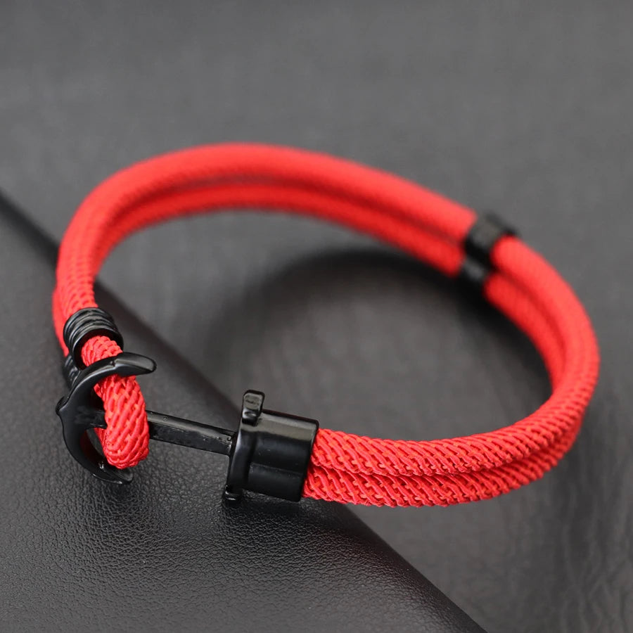 New Fashion Black Marine Anchor Bracelet For Men 4mm Bilayer Milan Rope Nautical Wrap Braclet Gifts For Him Surfing Accessories