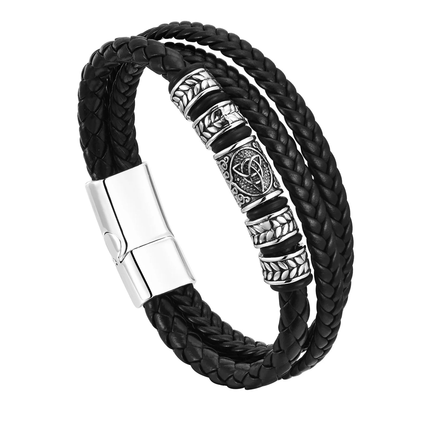 Mprainbow Mens Celtic Knot Charm Bracelets,3 Layers Black Braided Leather Rope Chain Wristband, Ethnic Gifts for Him Jewelry