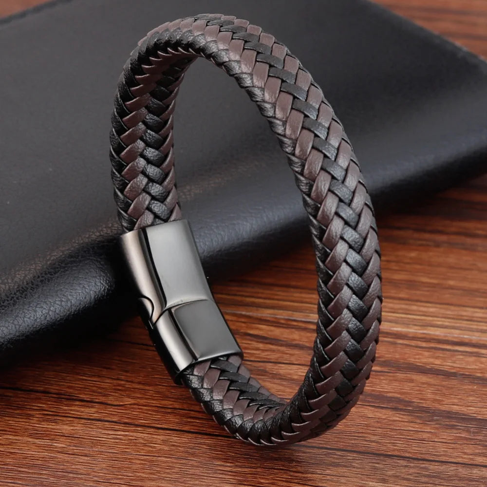 Trendy Men Jewelry Red Braided Leather Rope Bracelet Black Magnetic Buckle Bracelets Punk Men Wrist Band Pulsera Hombre
