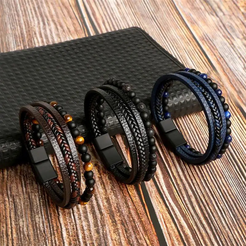 Jiayiqi New Design Punk Leather Bracelet Men Fashion Beaded Multi-Layer Leather Bracelet For Men New Year Jewelry Gift