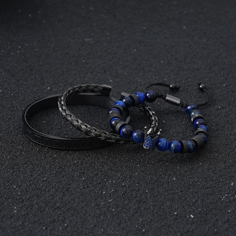 Luxury Set Tiger Stone Beads Crown Charms Man Bracelet Black Roman Stainless Steel Bangles Women Jewelry All Hallows’ Day Gift