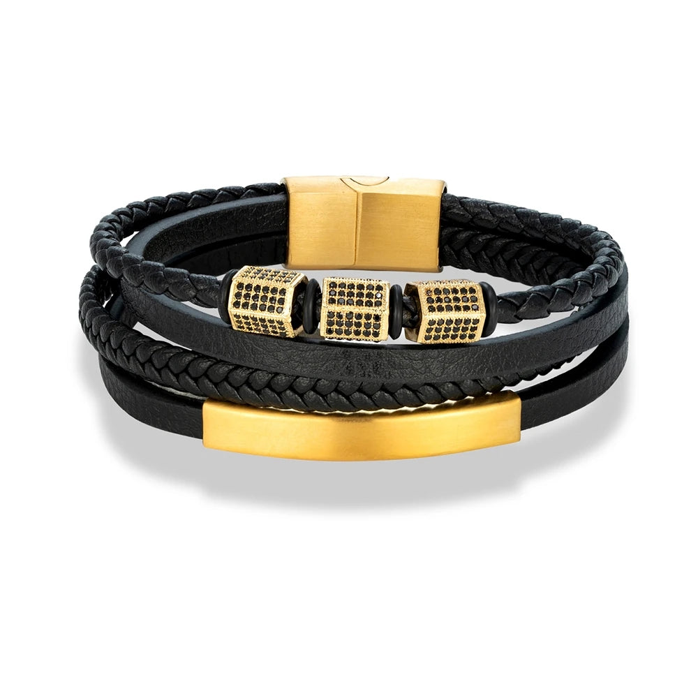 MKENDN Luxury Cubic Zircon Leather Braided Stainless Steel Magnetic Buckle Bracelet for Man Woman Daily Wear Jewelry Gift