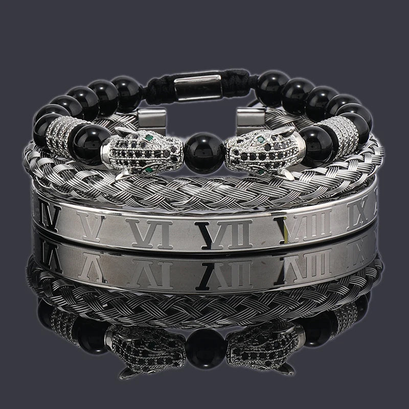 Luxury Black Stone Beads Leopard Head Man Bracelet Enamel Stainless Steel Roman Bangles Women Jewelry Set