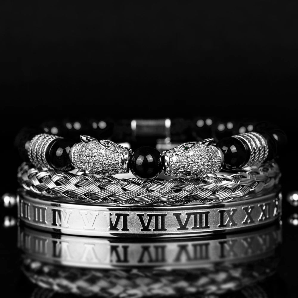 3PCS Mens Premium Black Agate Beaded Bracelet Set - Double Leopard Head, Roman Numerals, Adjustable Braided Design Bracelets