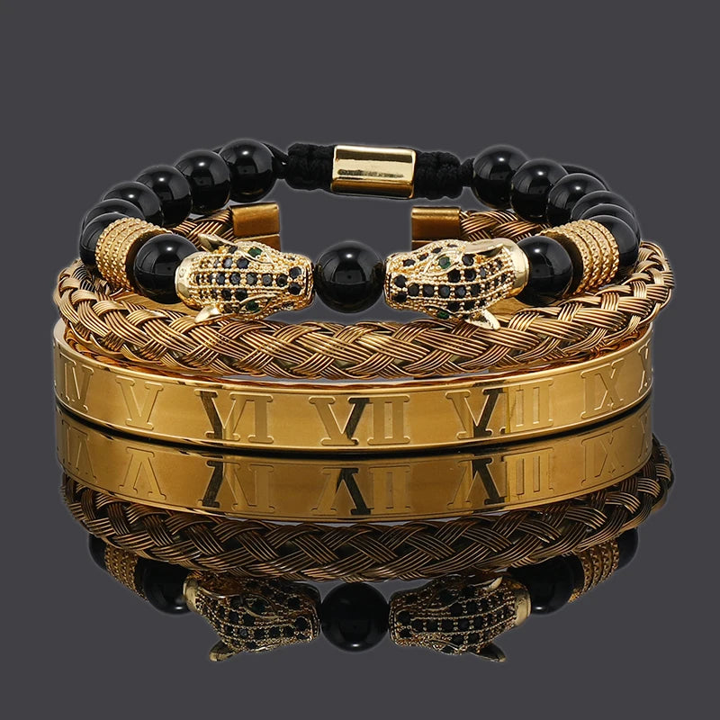 Luxury Black Stone Beads Leopard Head Man Bracelet Enamel Stainless Steel Roman Bangles Women Jewelry Set