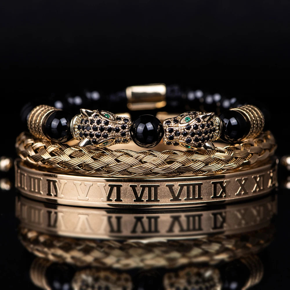 3PCS Mens Premium Black Agate Beaded Bracelet Set - Double Leopard Head, Roman Numerals, Adjustable Braided Design Bracelets