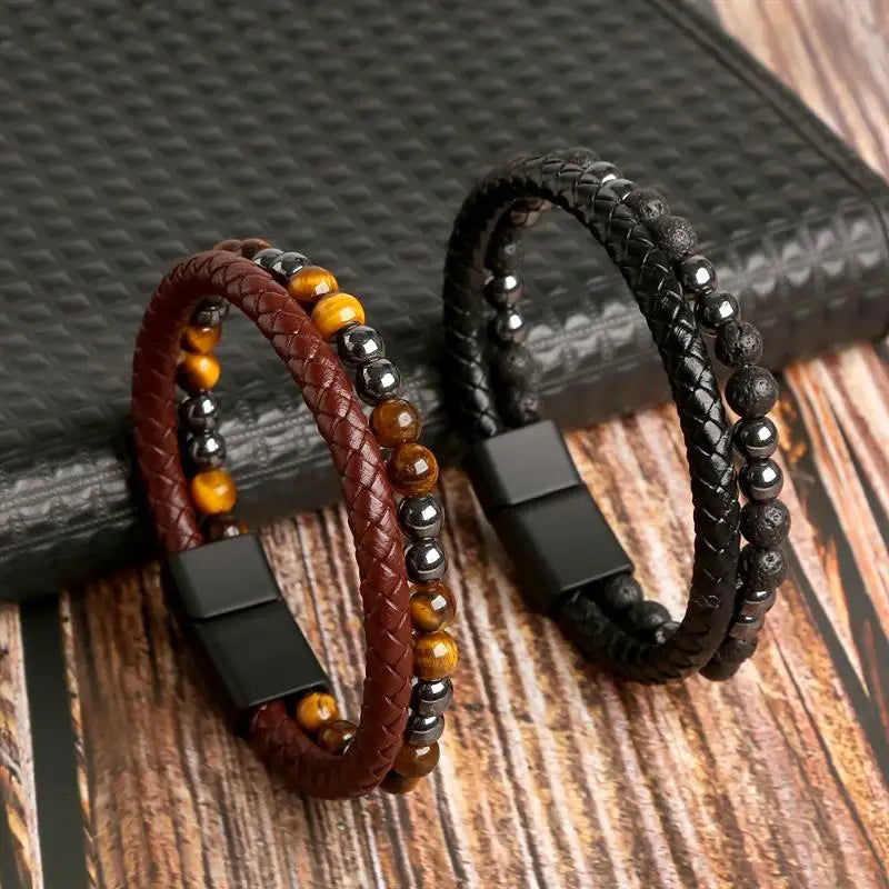 Jiayiqi New Design Punk Leather Bracelet Men Fashion Beaded Multi-Layer Leather Bracelet For Men New Year Jewelry Gift