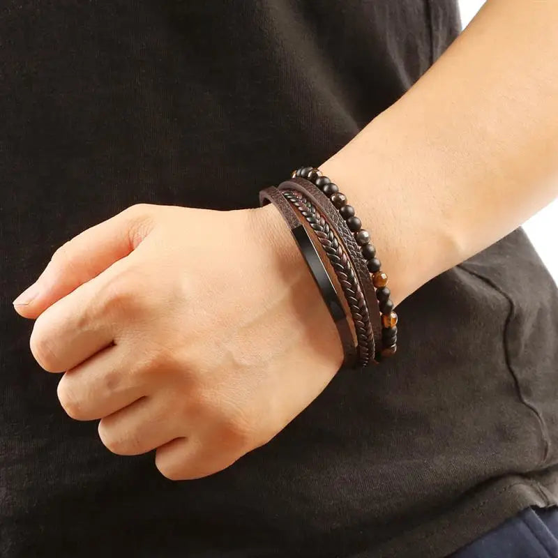 Jiayiqi New Design Punk Leather Bracelet Men Fashion Beaded Multi-Layer Leather Bracelet For Men New Year Jewelry Gift