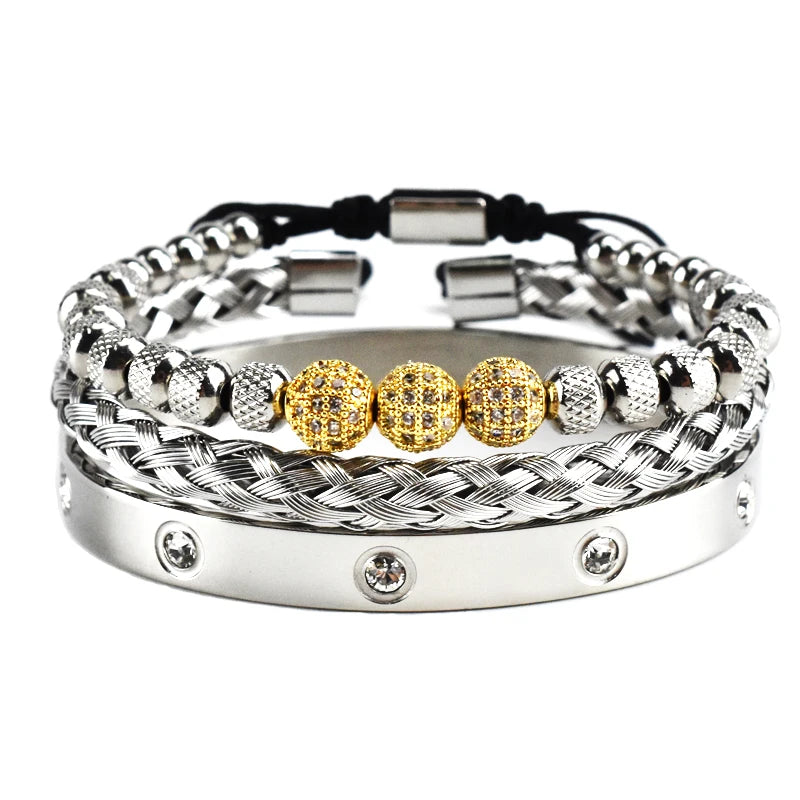 Luxury 8mm CZ Ball Charm Man Bracelet Crystal Stainless Steel Women Bangles Couple Jewelry Set Valentines Day Gift