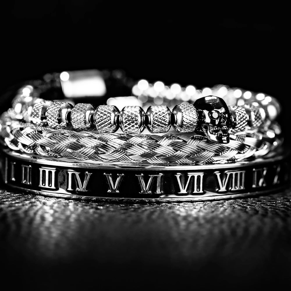 Luxury 3pcs/Set Skull Charm Black Bracelet Stainless Steel Men Enamel Roman Number Bangles Europe Fashion Couple Jewelry