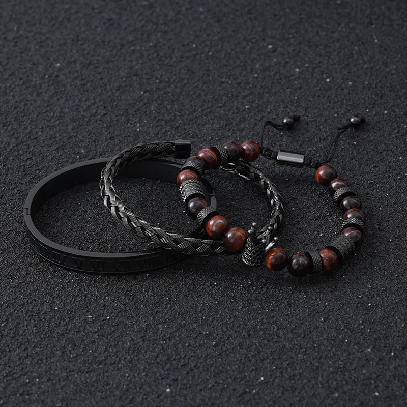 Luxury Set Tiger Stone Beads Crown Charms Man Bracelet Black Roman Stainless Steel Bangles Women Jewelry All Hallows’ Day Gift