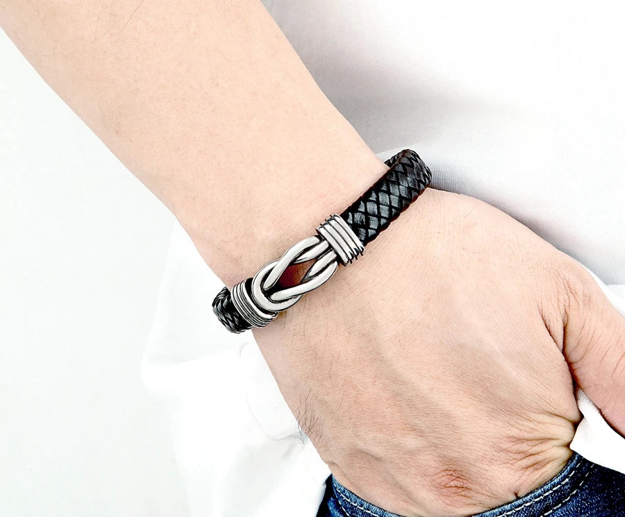XQNI Classic Irregular Leather Bracelet for Men Stainless Steel Magnetic Clasp Charm Punk Style Male Bangle Jewelry Gifts