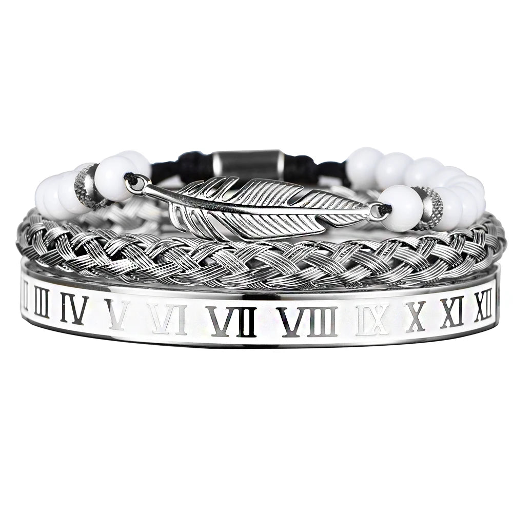 Luxury Set Crown Charm Gold Color Skull Bracelet Stainless Steel Men Black Enamel Roman Number Bangles Europe Couple Jewelry