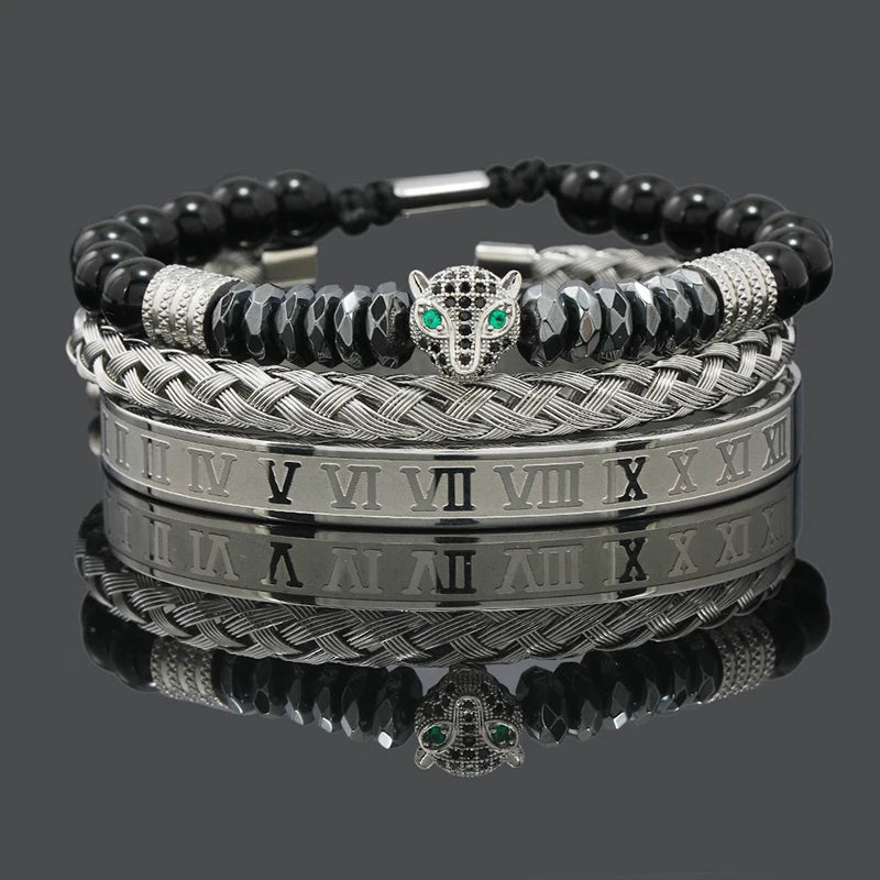 Black Stone Hematite Beads Men Skull Crown Leopard Head Handmade Bracelets Enamel Roman Bangles Hiphop Pulseras Jewelry