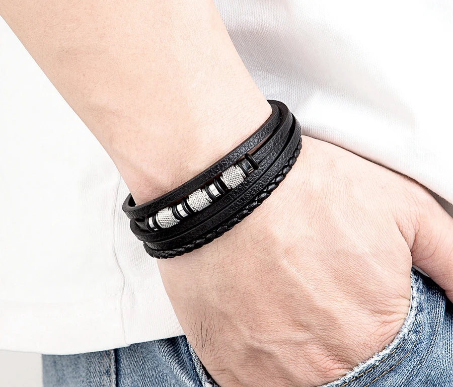 XQNI Fashion Handmade Multi-Layer Leather Bracelets for Men Women Wristband Stainless Steel Button Bangle Accessories Jewelry