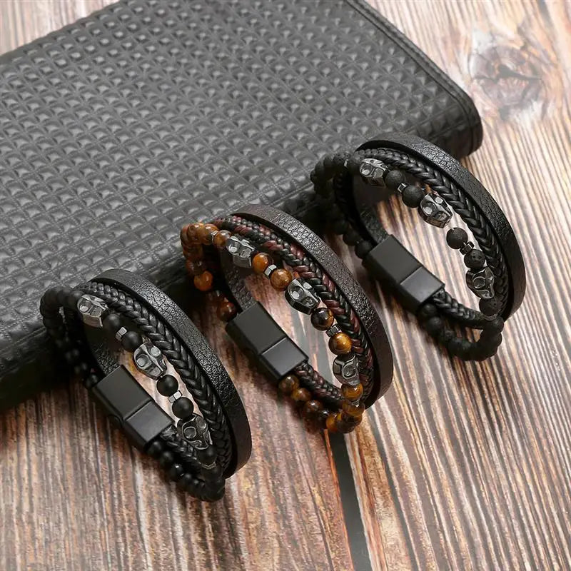 Jiayiqi New Design Punk Leather Bracelet Men Fashion Beaded Multi-Layer Leather Bracelet For Men New Year Jewelry Gift