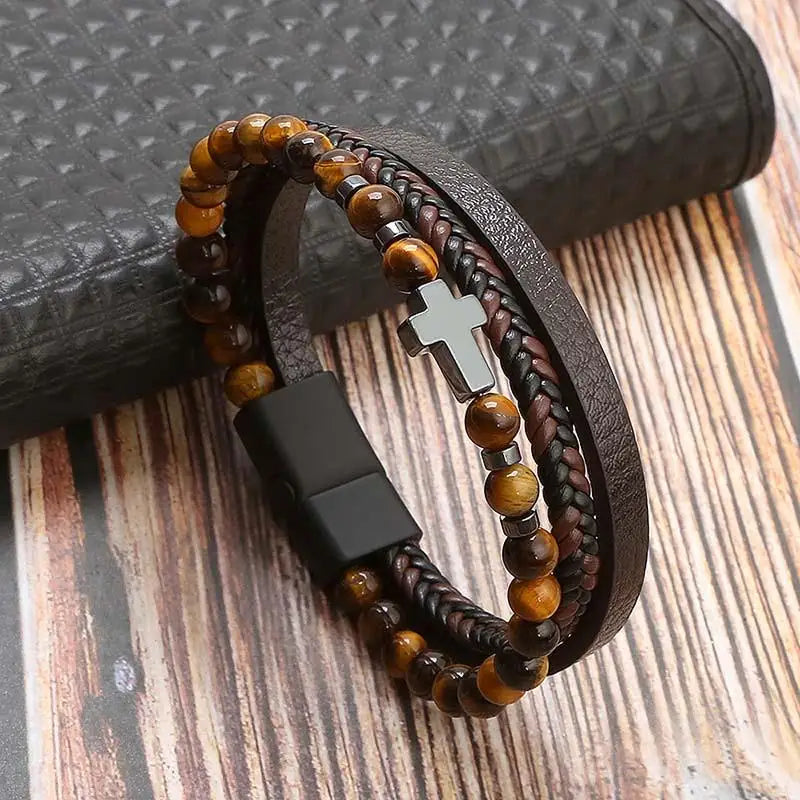 Jiayiqi New Design Punk Leather Bracelet Men Fashion Beaded Multi-Layer Leather Bracelet For Men New Year Jewelry Gift