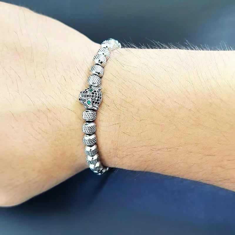 Luxury Royal Black Leopard Head Man Bracelet Stainless Steel Beads Hand Jewelry Big Boy Gift