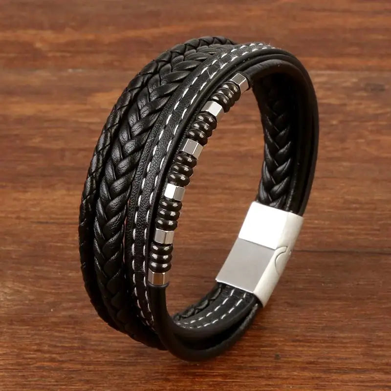 Jiayiqi New Design Punk Leather Bracelet Men Fashion Beaded Multi-Layer Leather Bracelet For Men New Year Jewelry Gift