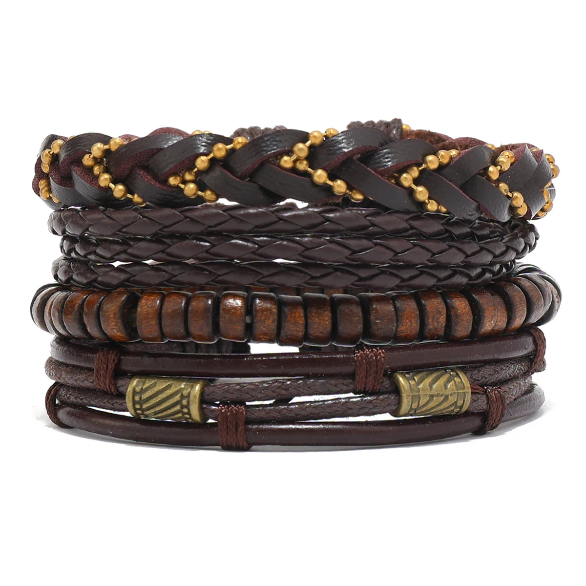 Men's Brown Beaded Chain Leather Bracelet Set