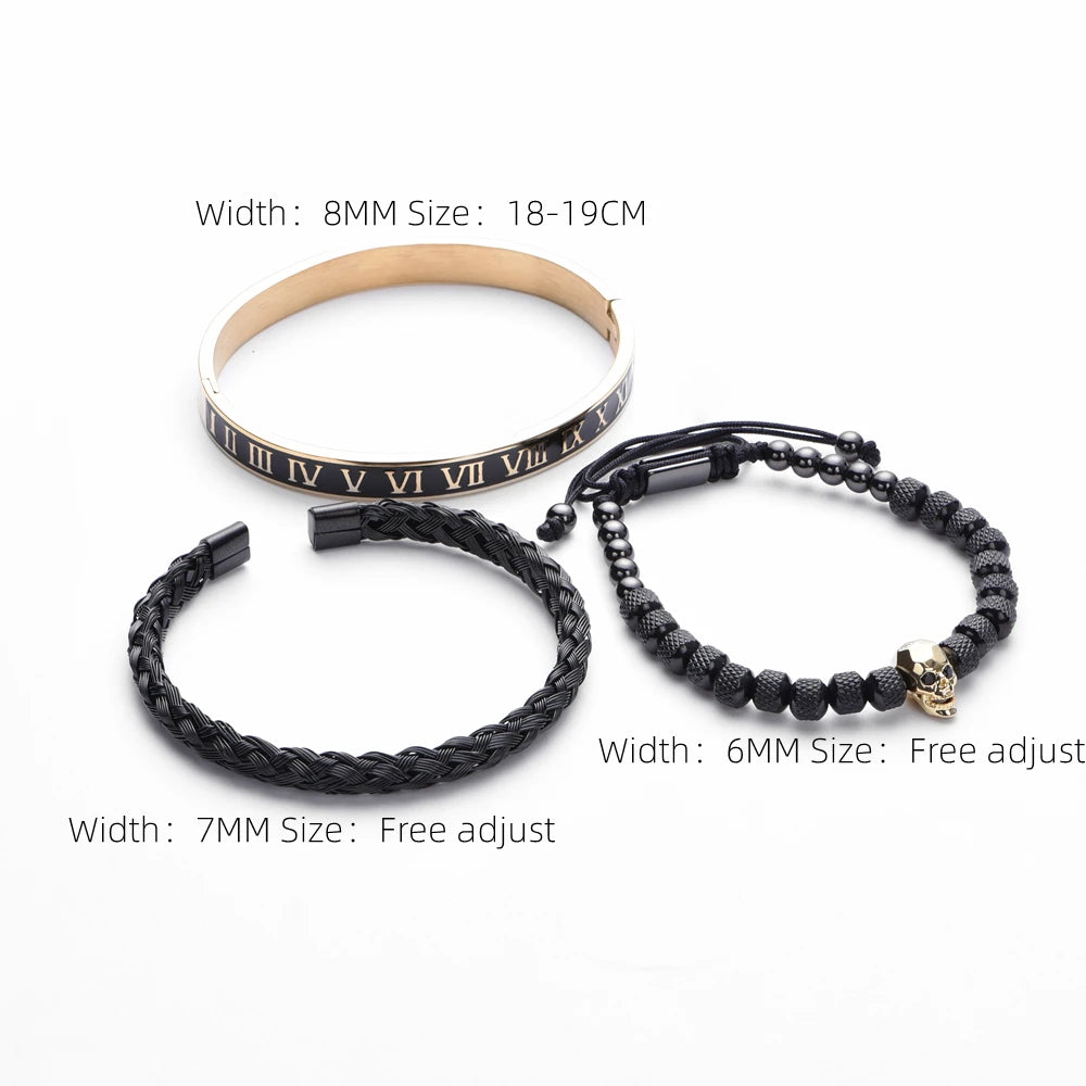 Luxury 3pcs/Set Skull Charm Black Bracelet Stainless Steel Men Enamel Roman Number Bangles Europe Fashion Couple Jewelry