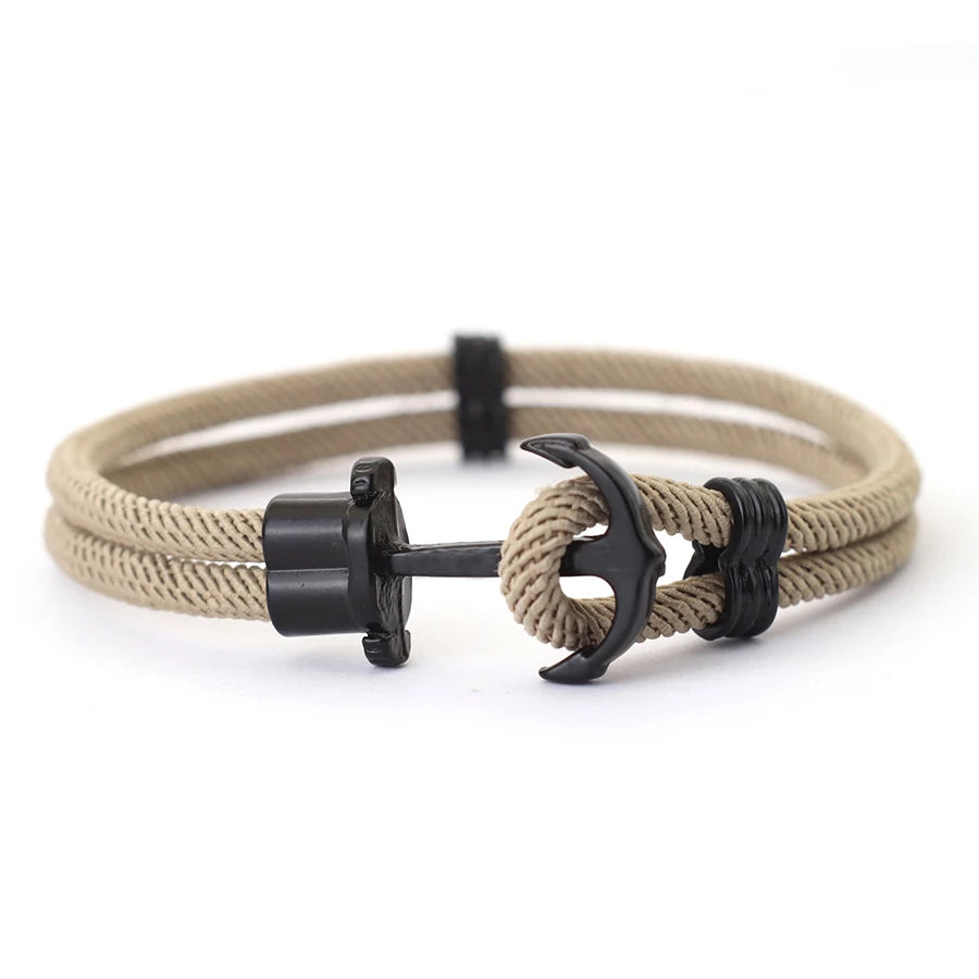 New Fashion Black Marine Anchor Bracelet For Men 4mm Bilayer Milan Rope Nautical Wrap Braclet Gifts For Him Surfing Accessories