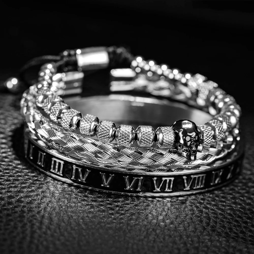 Luxury 3pcs/Set Skull Charm Black Bracelet Stainless Steel Men Enamel Roman Number Bangles Europe Fashion Couple Jewelry