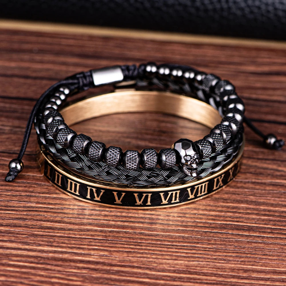 Luxury 3pcs/Set Skull Charm Black Bracelet Stainless Steel Men Enamel Roman Number Bangles Europe Fashion Couple Jewelry
